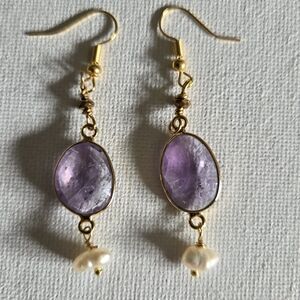 African Webster Amethyst Pearl Hematite Gold Earrings